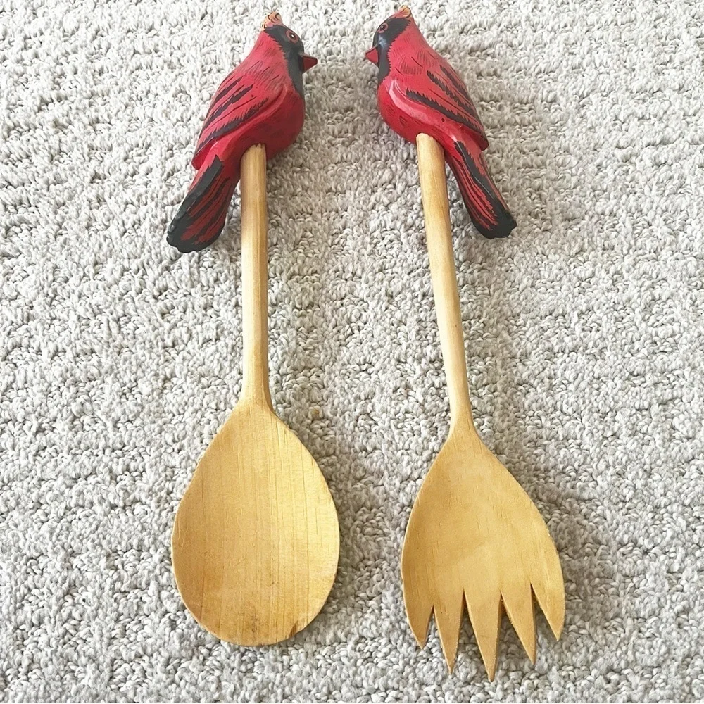 Wooden Salad Serving Set Cardinal Bird Utensils Fork Spoon Farmhouse Cottage